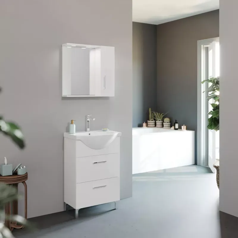 Expressz szállítás Savinidue Smart 55 alsó szekrény+mosdó+tükör polccal fényes fehér (862199LED)