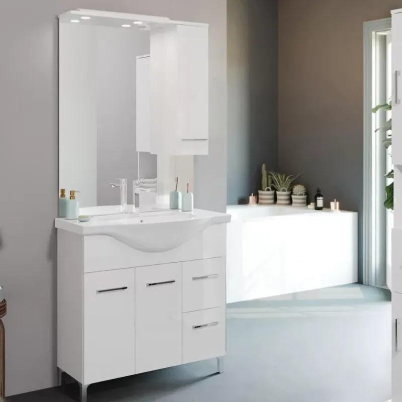 Savinidue Smart 85 alsó szekrény+mosdó+led tükör fényes fehér (863811LEDDR) Gyors szállítás