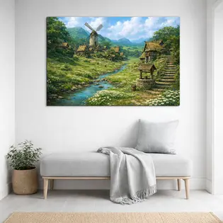 Fából készült tájkép - Falu malommal Outlet