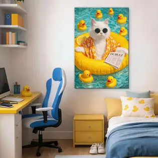 Korlátozott ajánlat Pop art fa fából készült kép - Macska a felfújható matracon