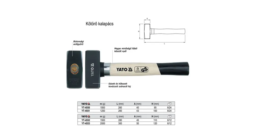 YATO 4551 KŐTÖRŐ KALAPÁCS-RÁVERŐ 1.25 KG FA NYÉLLEL LAPOS-LAPOS Legkelendőbb