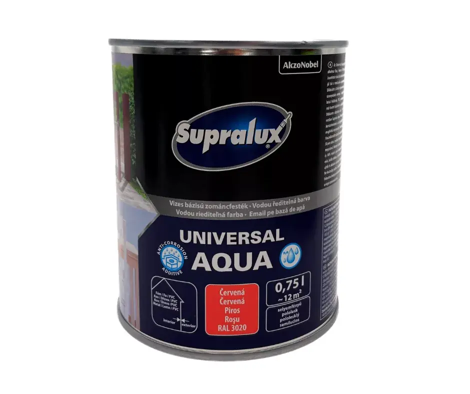 Supralux Universal aqua vízbázisú selyemfényű zománcfesték 0,75l RAL3020 Piros Kiárusítás
