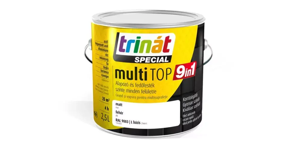 Szezonális akció Trinát Multitop 9in1 vízbázisú matt zománcfesték 2,5l RAL9003 fehér/L
