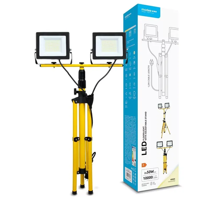 Modee LED Reflektor Munkalámpa teleszkópos állítható állvánnyal 2x50W 120° 4000K (10000 lumen) Alacsony ár