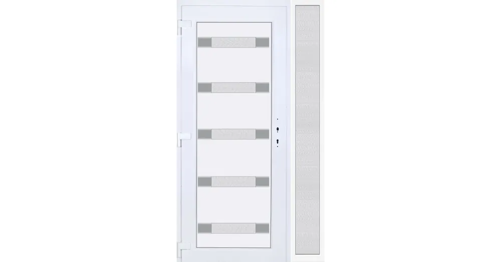 Újdonság 130x210 balos Hidas 5 üveges Aluminium rátétes műanyag bejárati ajtó oldalvilágítóval 5 kamrás fehér