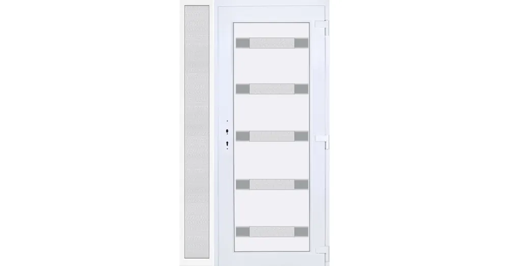 130x210 jobbos Hidas 5 üveges Aluminium rátétes műanyag bejárati ajtó oldalvilágítóval 5 kamrás fehér Újdonság