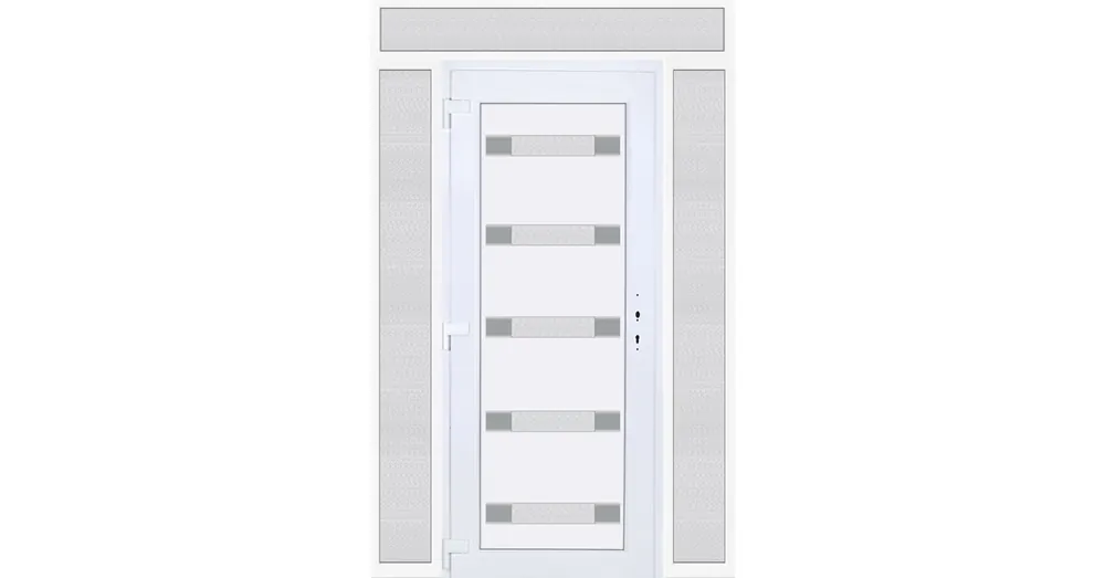 Legkelendőbb 160x240 balos Hidas 5 üveges Aluminium rátétes műanyag bejárati ajtó felül+oldalvilágítóval 5 kamrás fehér