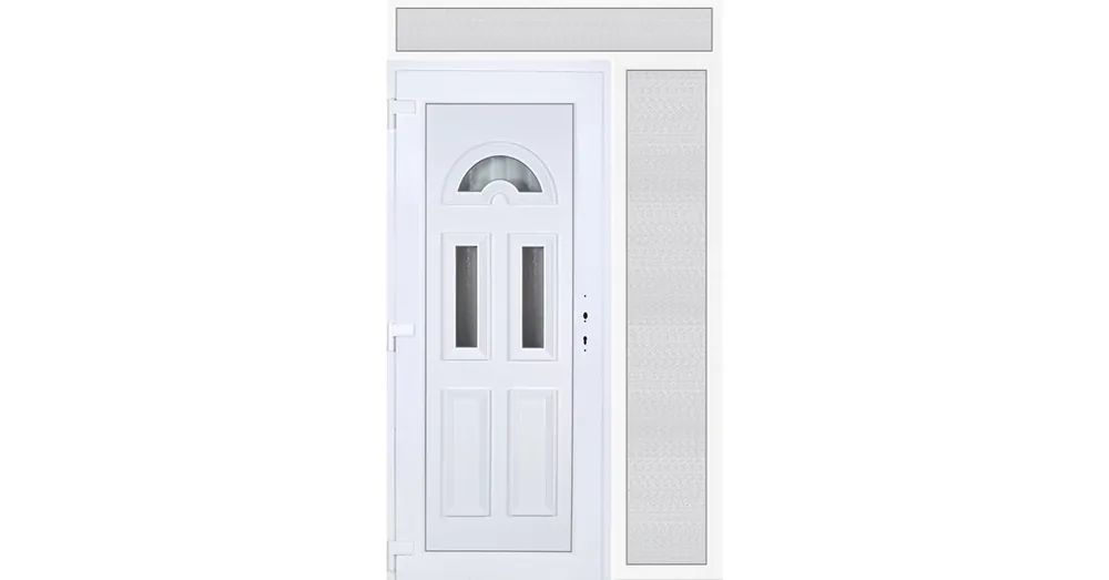 Biztonságos fizetés 140x240 balos Köln 3 üveges bejárati ajtó 3 rétegű üveggel extra vastag hőszigetelt panellel felül+oldalvilágítóval 5 kamrás fehér RP