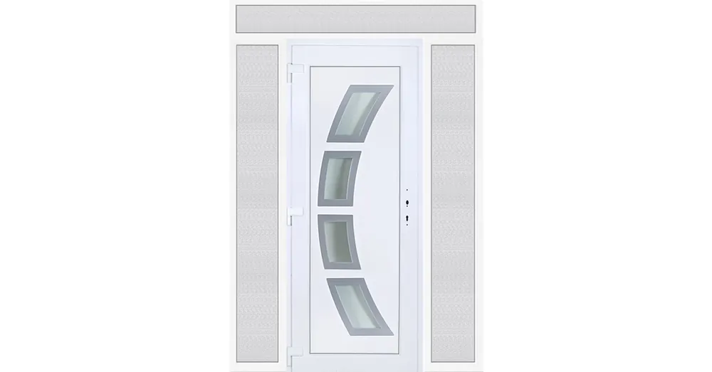 Különleges ajánlat 180x240 balos Szeben 4 üveges bejárati ajtó 3 rétegű üveggel extra vastag hőszigetelt panellel felül+oldalvilágítóval 5 kamrás fehér RP