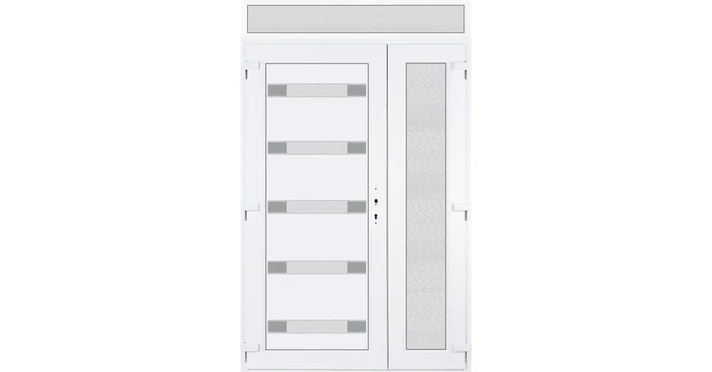 Outlet 140x240 balos aszimmetrikusan nyíló Hidas 5 üveges bejárati ajtó 3 rétegű üveggel extra vastag hőszigetelt panellel felülvilágítóval 5 kamrás fehér RP