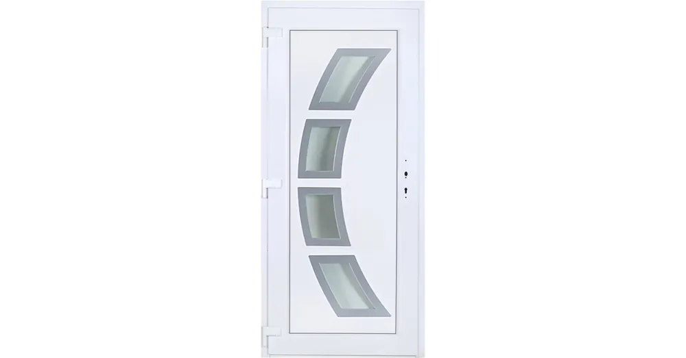 Szeben 4 üveges EXTRA hőszigetelésű 100x210 KIFELÉ NYÍLÓ műanyag bejárati ajtó balos fehér színben 3 rétegű üveggel Aluminium rátéttel RP Kihagyhatatlan ajánlat