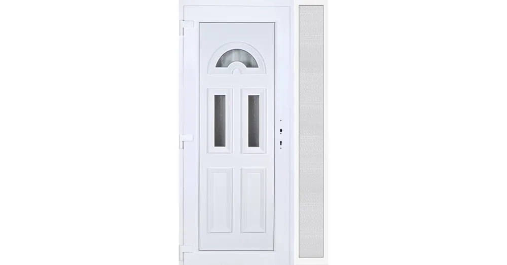 Outlet 130x210 balos Köln 3 üveges bejárati ajtó 3 rétegű üveggel extra vastag hőszigetelt panellal oldalvilágítóval 5 kamrás fehér