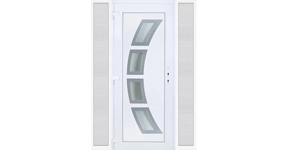 160x210 balos Szeben 4 üveges bejárati ajtó 3 rétegű üveggel extra vastag hőszigetelt panellal oldalvilágítóval 5 kamrás fehér Prémium