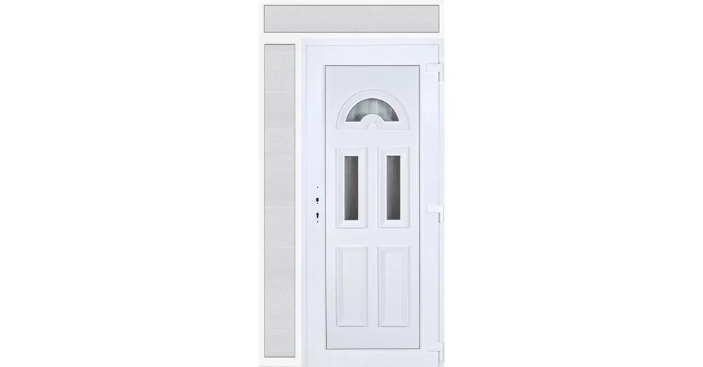 Alacsony ár 130x240 jobbos Köln 3 üveges bejárati ajtó 3 rétegű üveggel extra vastag hőszigetelt panellal felül+oldalvilágítóval 5 kamrás fehér