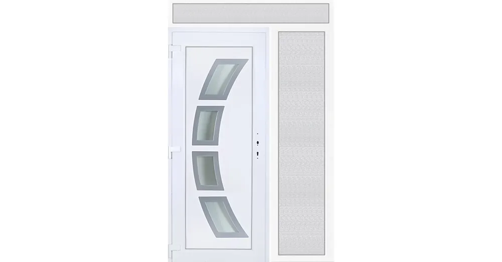 Alacsony ár 150x240 balos Szeben 4 üveges bejárati ajtó 3 rétegű üveggel extra vastag hőszigetelt panellal felül+oldalvilágítóval 5 kamrás fehér